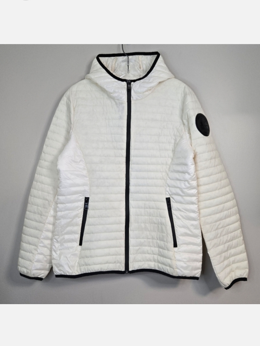 🌿 🇨🇦 Pajar Women Cream Lightweight Hooded Puffer W/ Black Trim, Size L ~ EUC